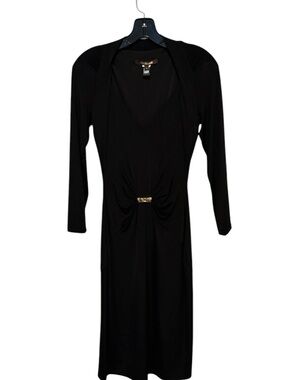 Roberto Cavalli Black Long Sleeve Midi Dress with Center Gold Accent
